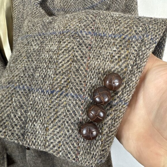 Samuelsohn Men 40 Herringbone Tweed Wool Blazer Brown Blue Windowpane Vintage - Picture 2 of 10